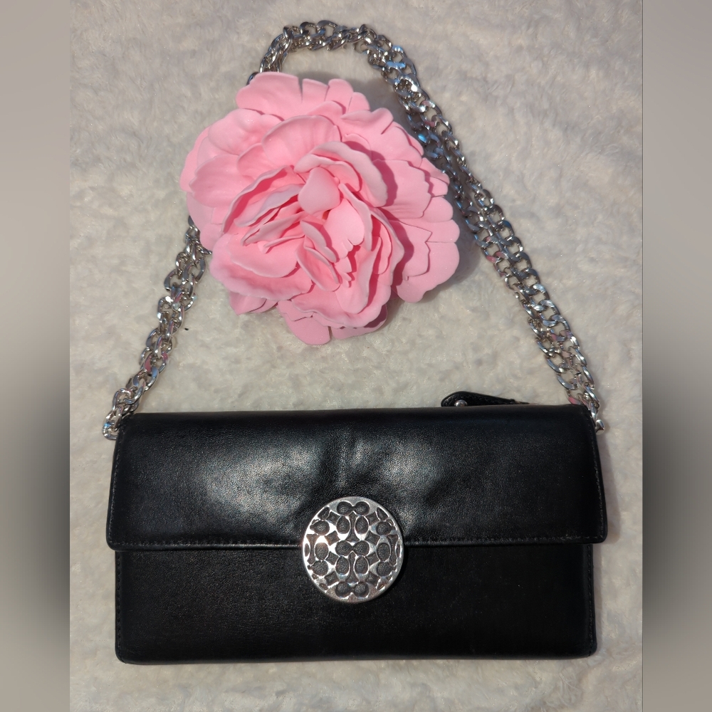 Coach Black Long Leather Converr Wallet On Chain Crossbody Clutch Silver CC Rare